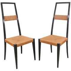 Pair of Italian Black Lacquer and Rush Chairs