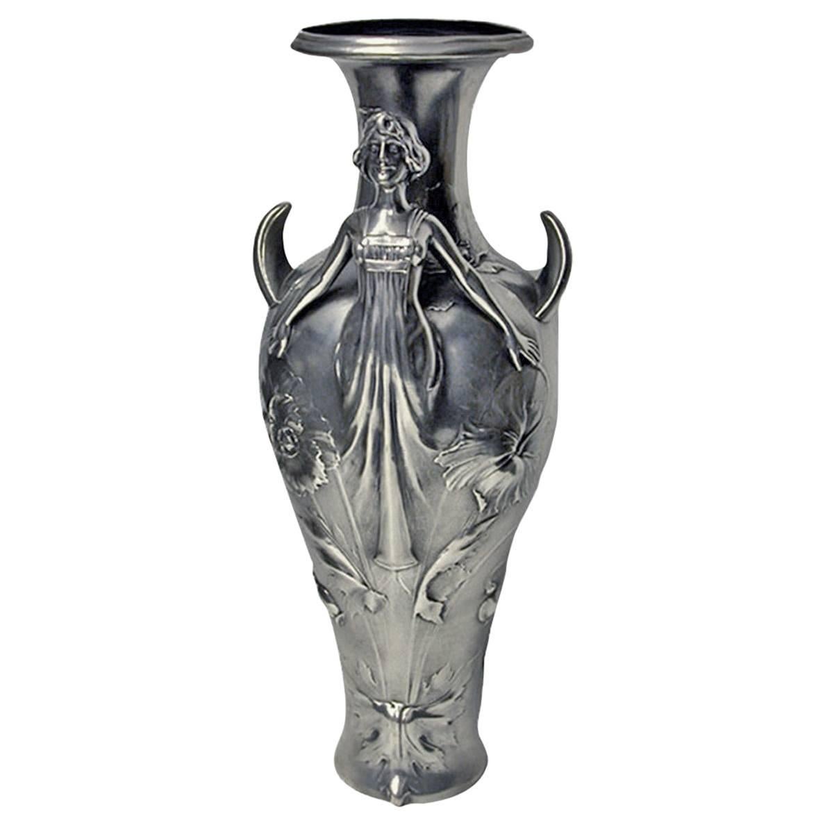 Art Nouveau Pewter Tall Vase "Loie Fuller" Style, France, circa 1900