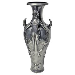 Antique Art Nouveau Pewter Tall Vase "Loie Fuller" Style, France, circa 1900