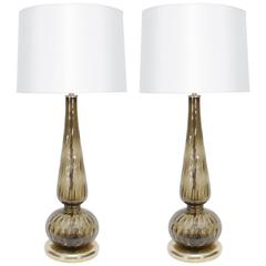 Pair of Smoked Topaz Murano Glass Lamps