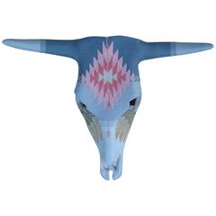 Pink and Gray Cow Skull with Huichol Design