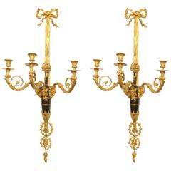 Antique Large Pair of Louis XVI-Style Patinated and Gilt Bronze Sconces