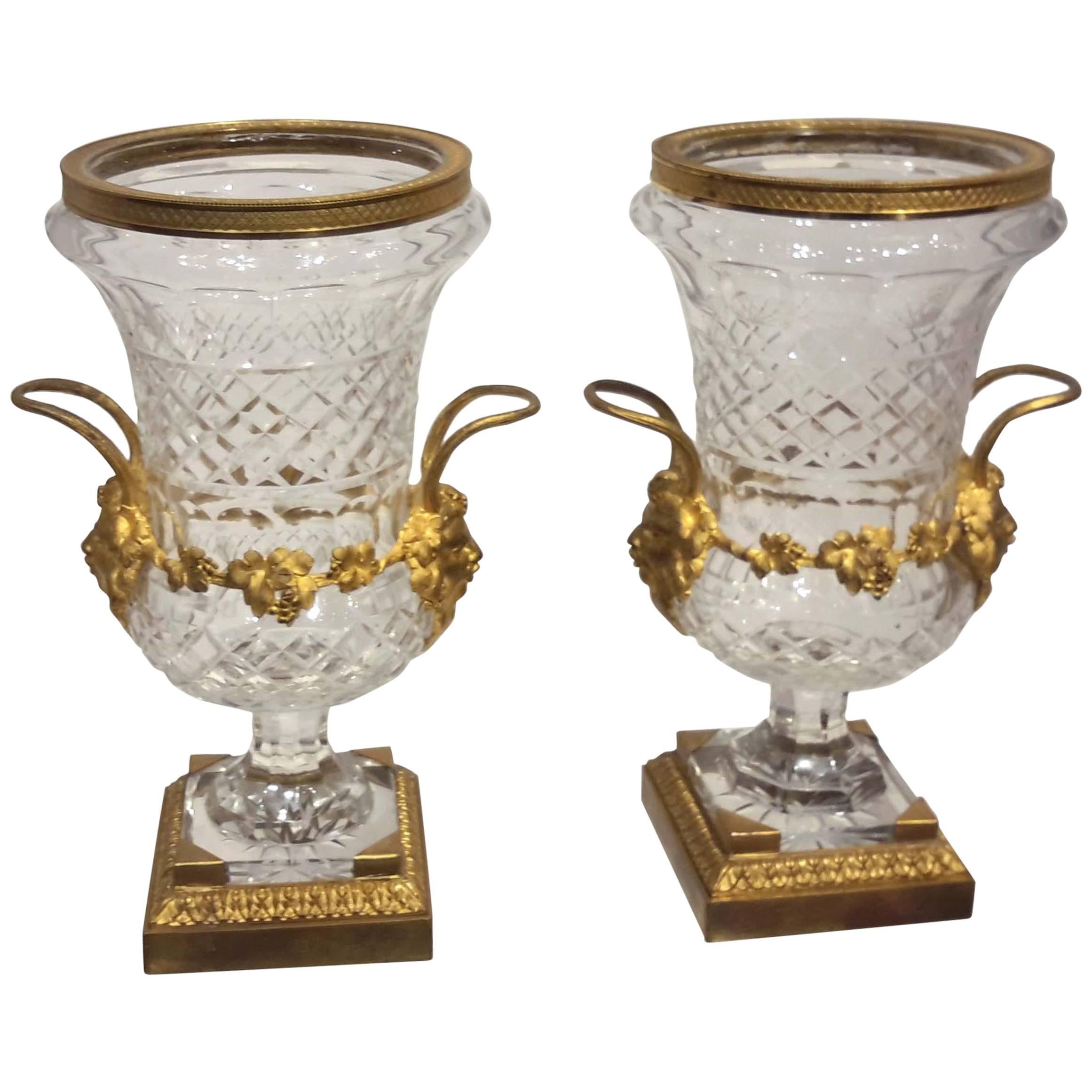 Pair of Ormolu Mounted Cut Crystal Campagna Urn Vases, circa 1900