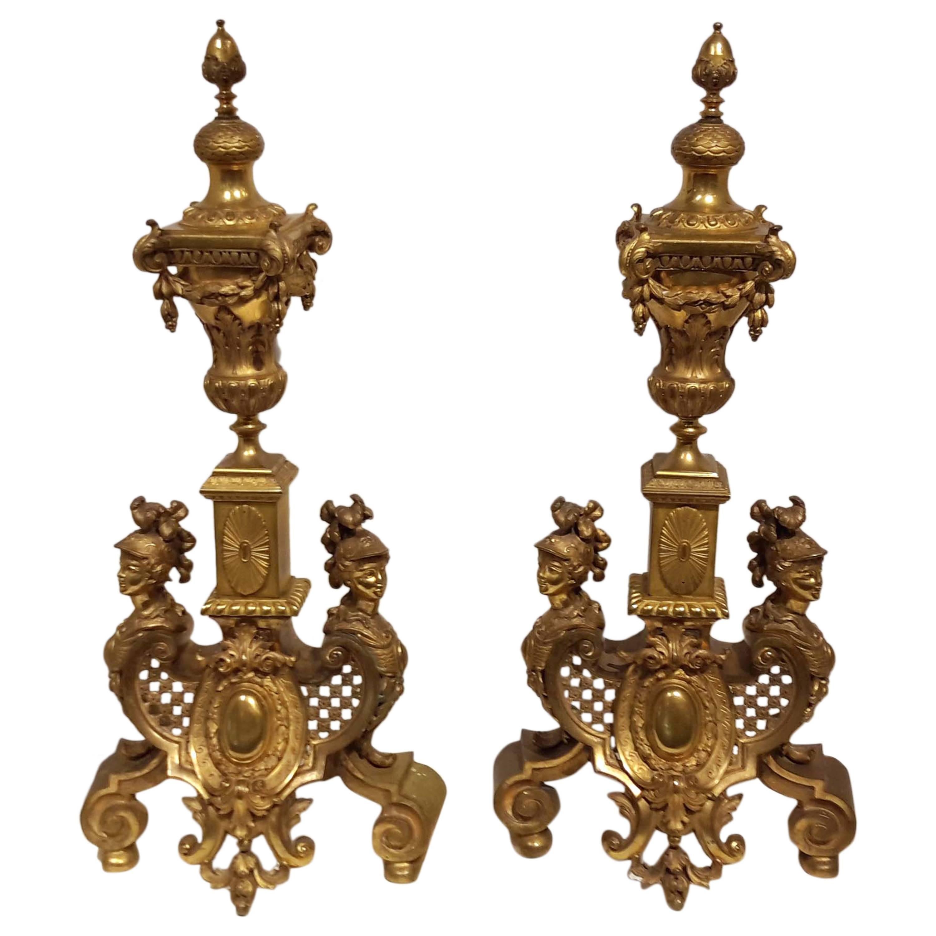 Pair of Louis XIV Style Gilt Bronze Fireplace Chenets, 19th Century
