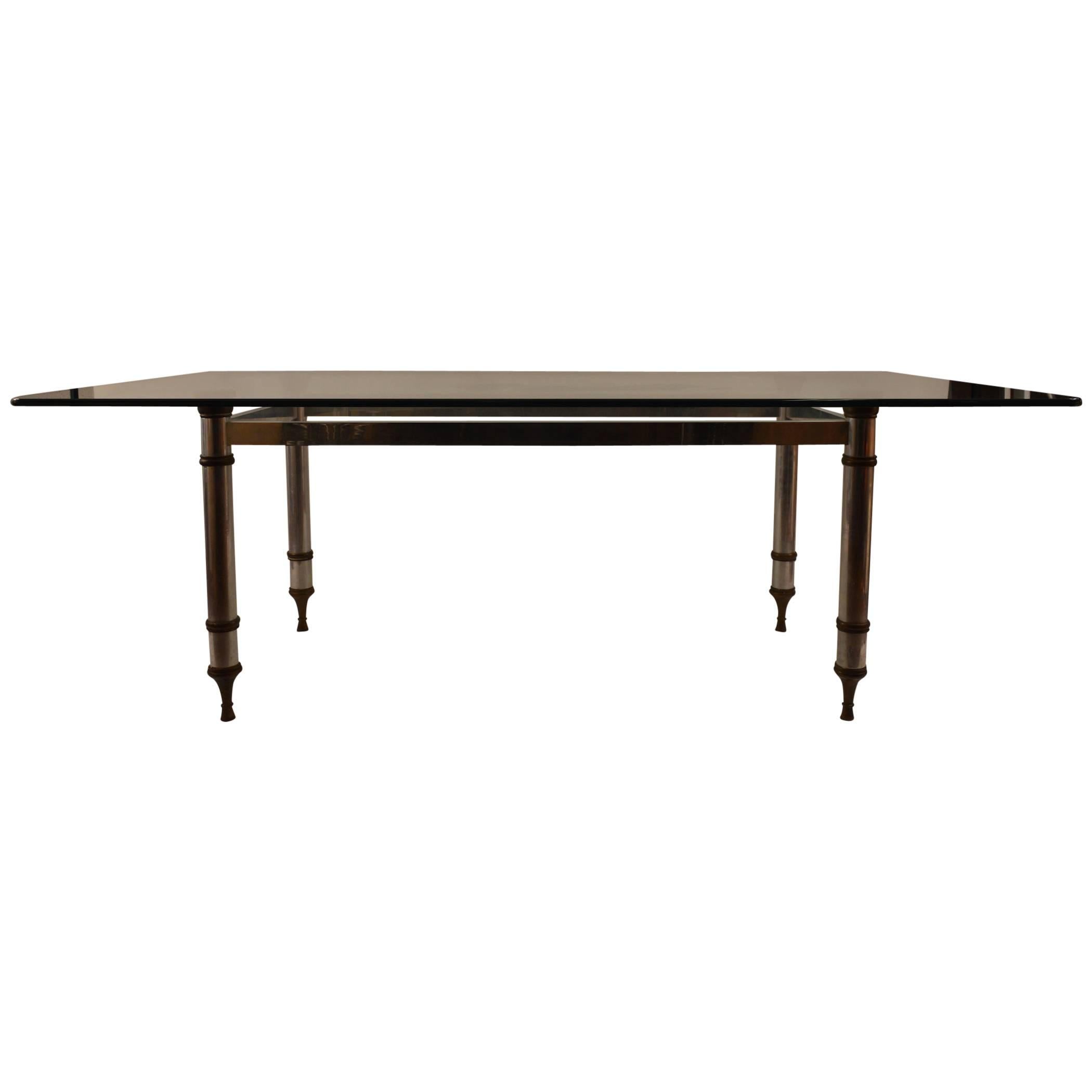 Glass-Top Aluminum and Brass Base Dining Table For Sale