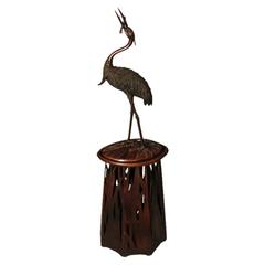 Japanese Meiji Bronze Sculpture of a Heron on a Wooden Stand