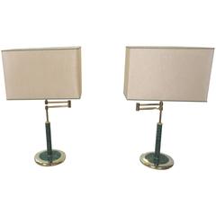 Mid-Century Malachite Green Base Pair of Italian Swing Arm Table Lamps
