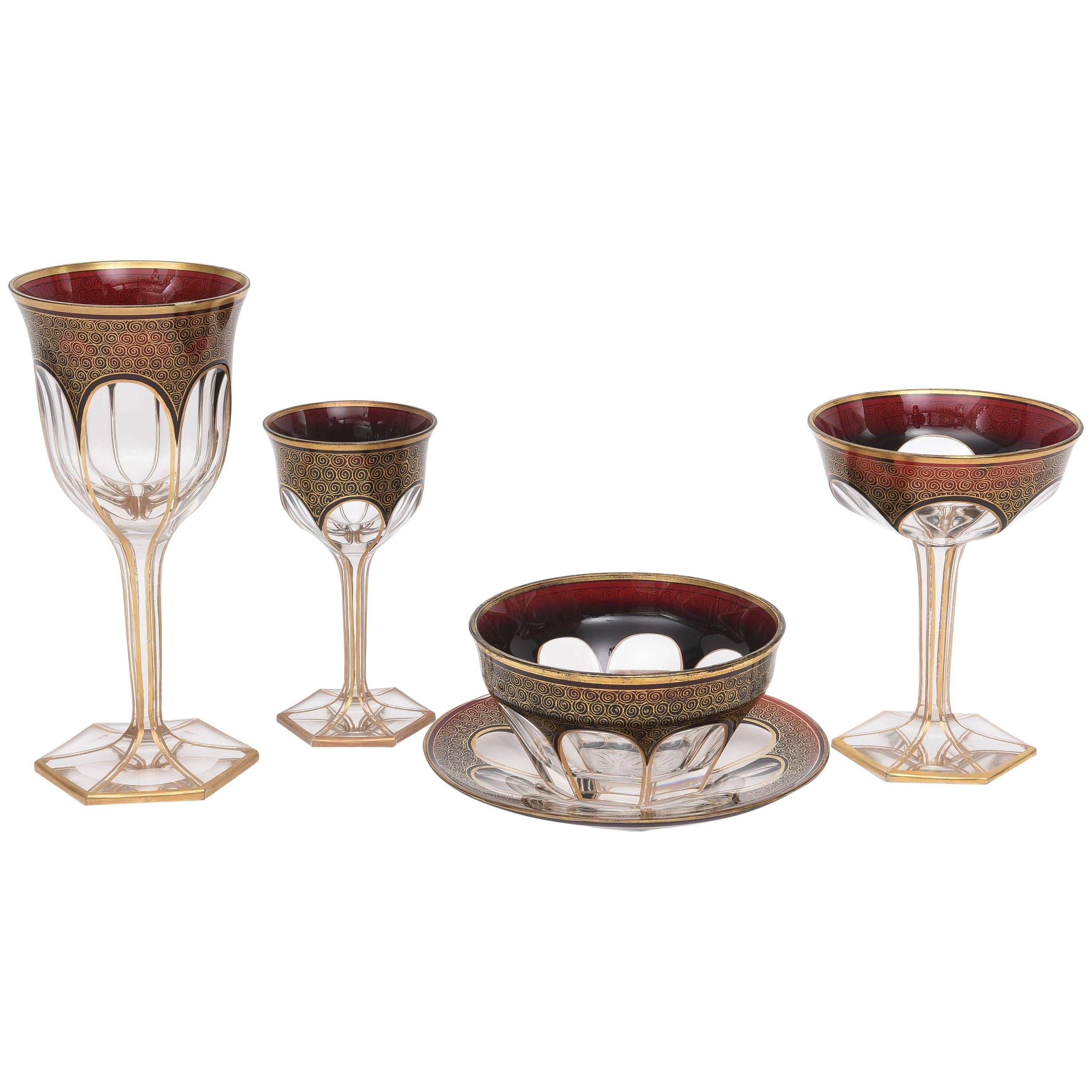 Service for Eight, Antique Moser Garnet Ruby Crystal Cut Glass, 40 Pieces 