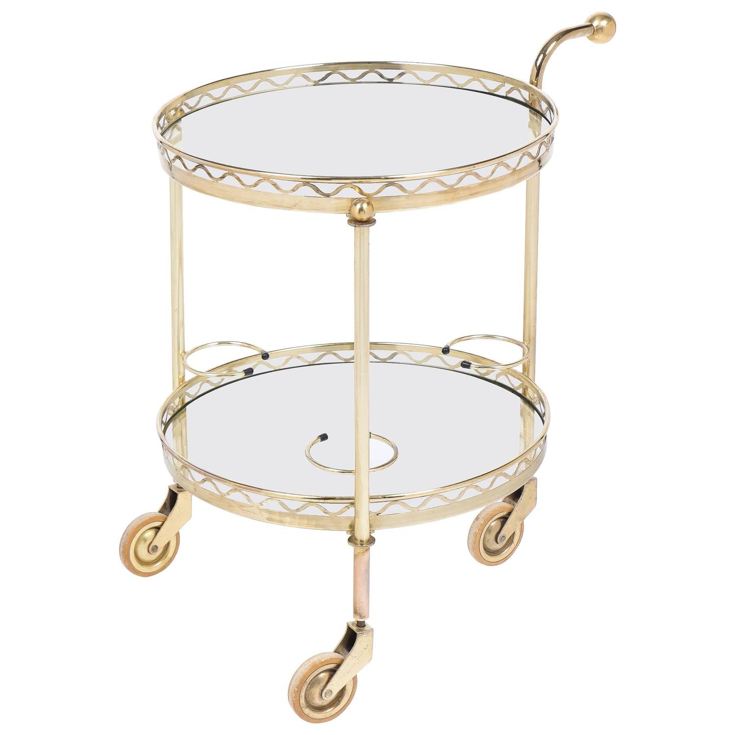 French Vintage Round Brass Bar Cart with Handle at 1stdibs