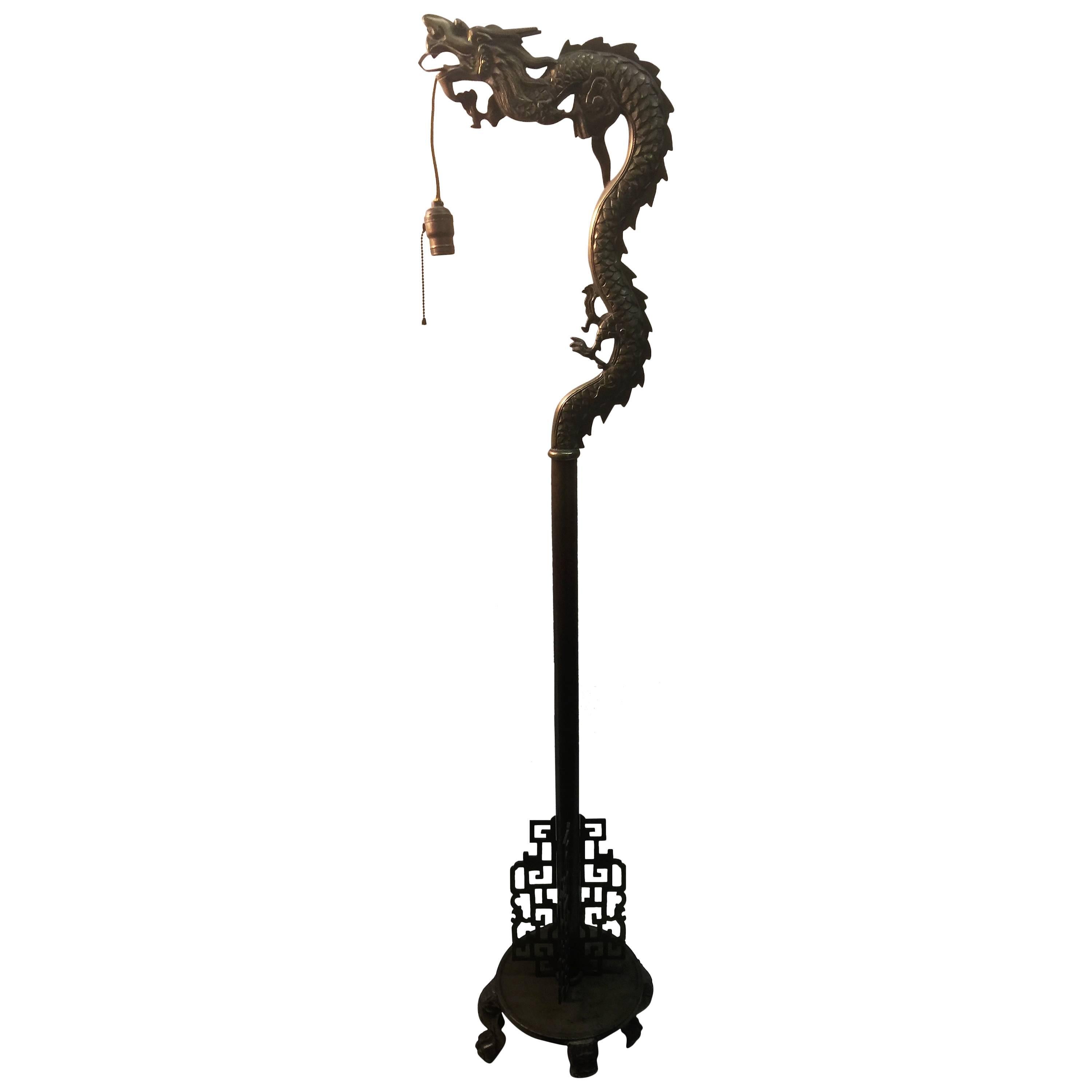 1920s Fierce Mystical Chinese Brass Dragon Floor Lamp For Sale