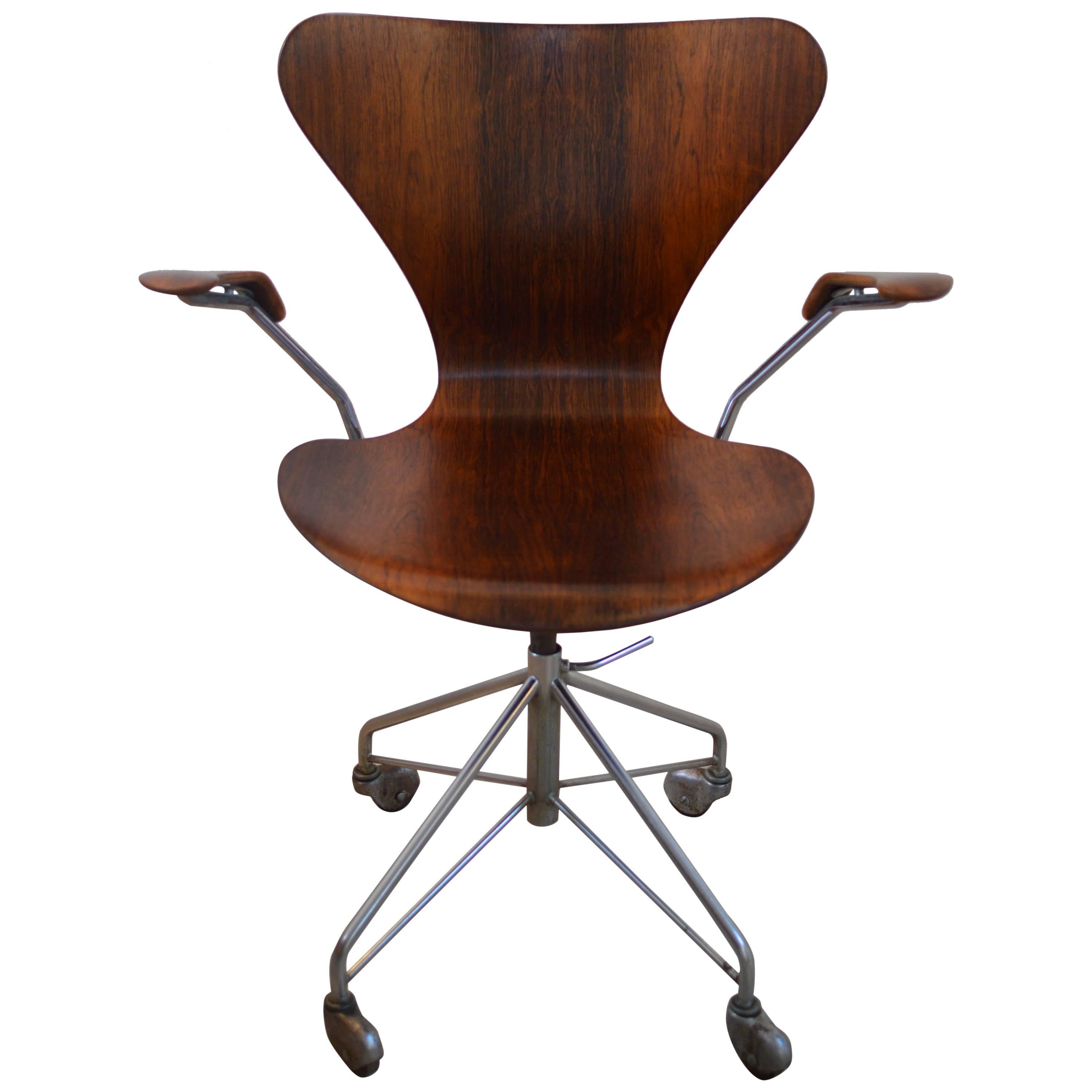 Rare Arne Jacobsen Rosewood Swivel Desk Chair with Arms