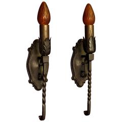 Pair of Cast and Wrought Iron Sconces, circa 1925
