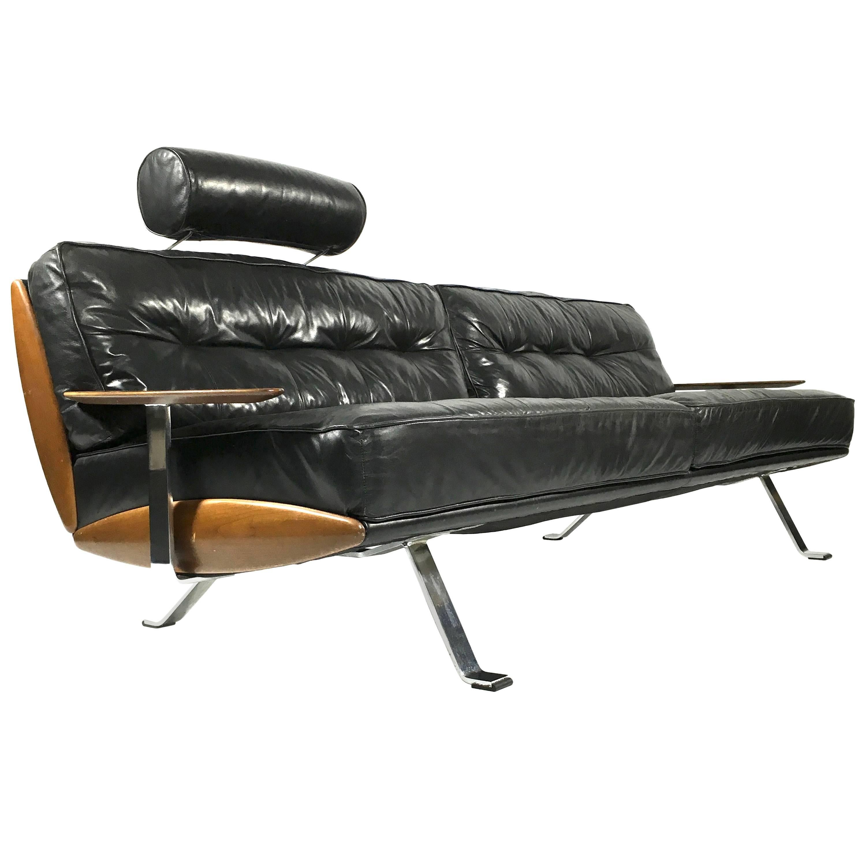 Walter Knoll Black Leather Sofa, Germany, 1960s-1970s