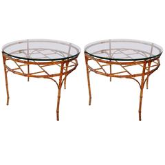 Hollywood Regency Faux Bamboo Gilt Metal Round Cocktail End Table