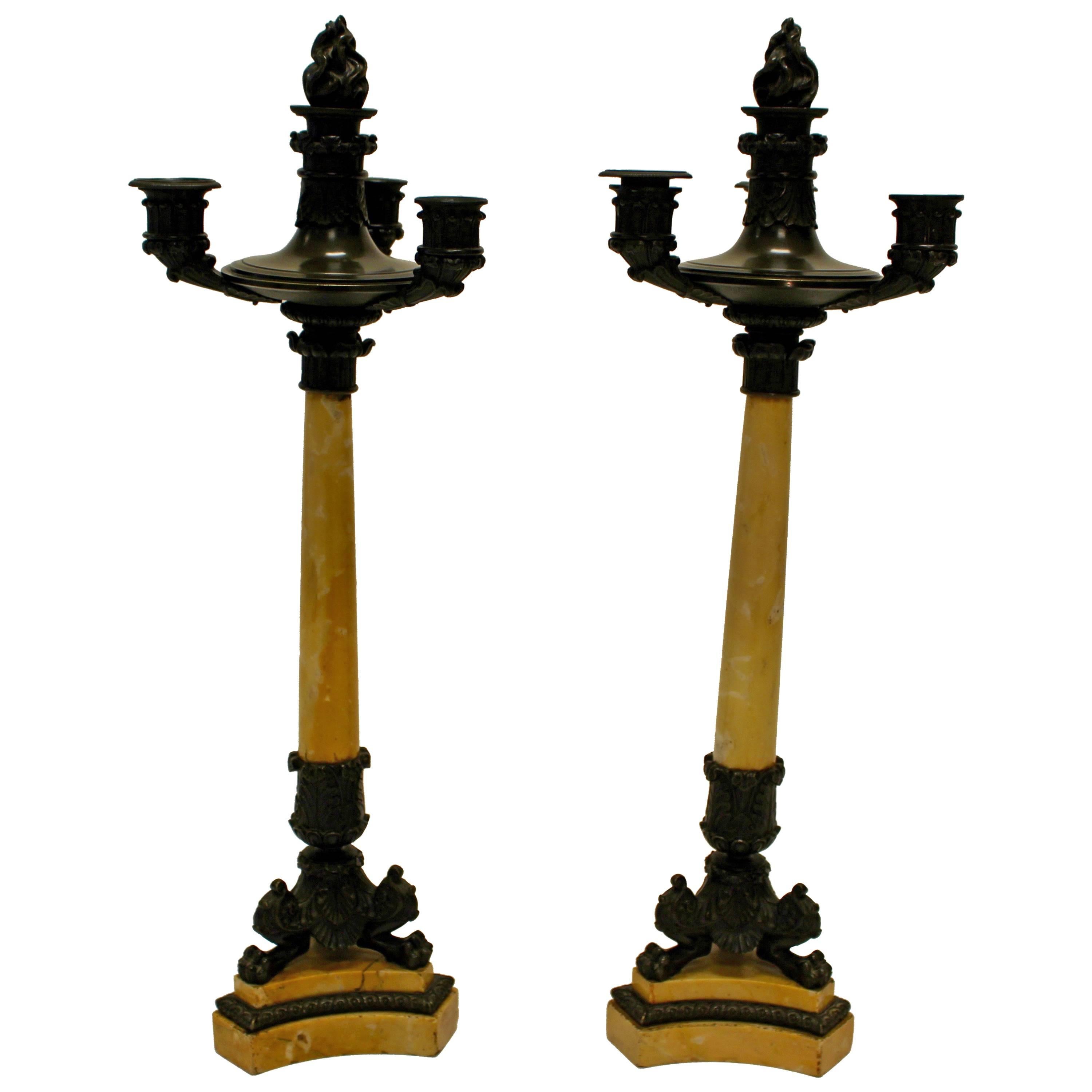 Pair of Brass and Siena Marble Triple Candlesticks on Paw Feet and Tripod Base