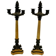 Antique Pair of Brass and Siena Marble Triple Candlesticks on Paw Feet and Tripod Base