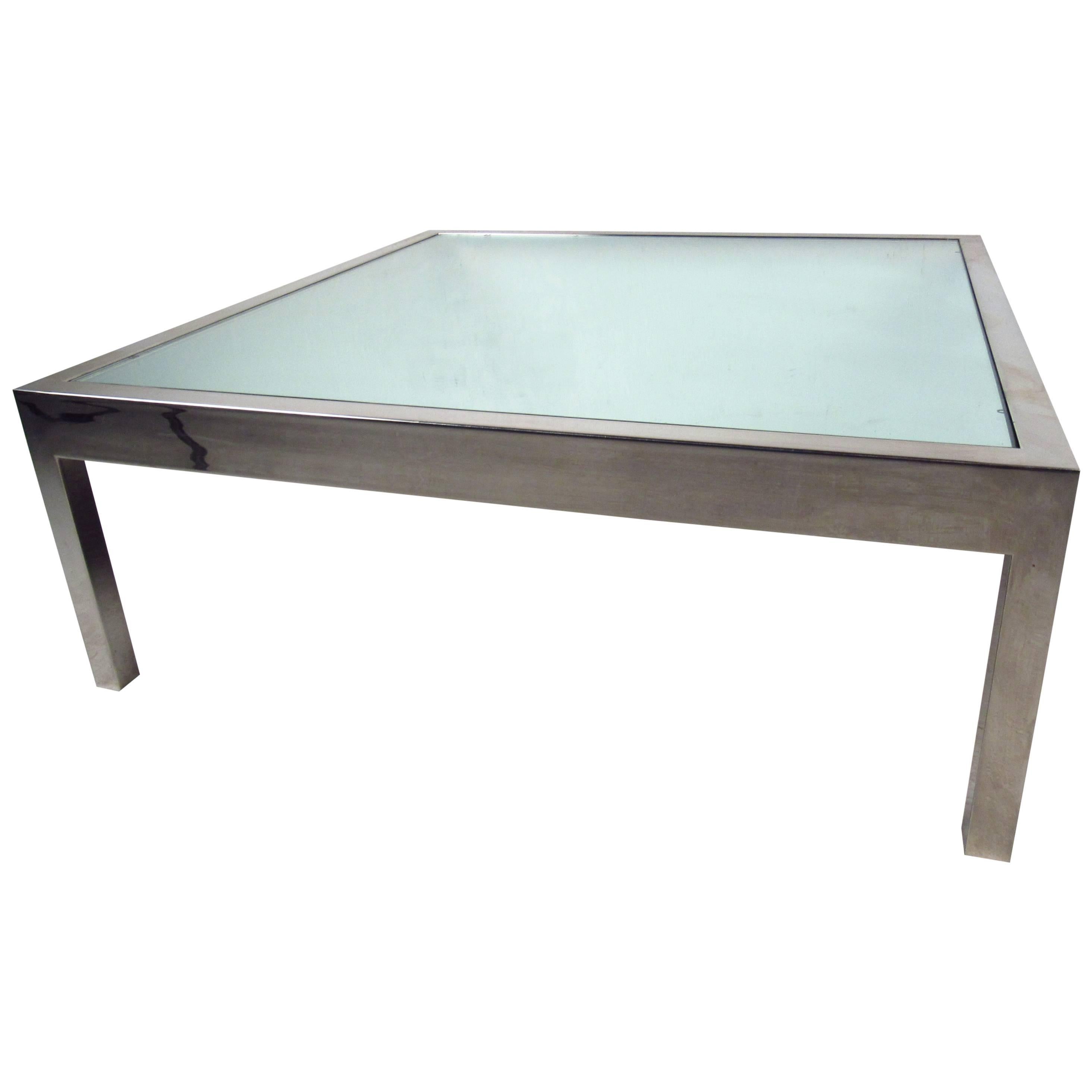 Unique Midcentury Mirrored Glass and Chrome Coffee Table For Sale