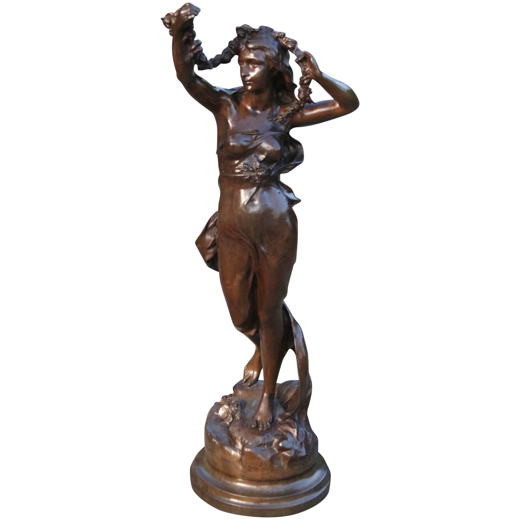 19th Century Bronze of a Standing Woman with Garland by Jean-Baptiste Germain For Sale