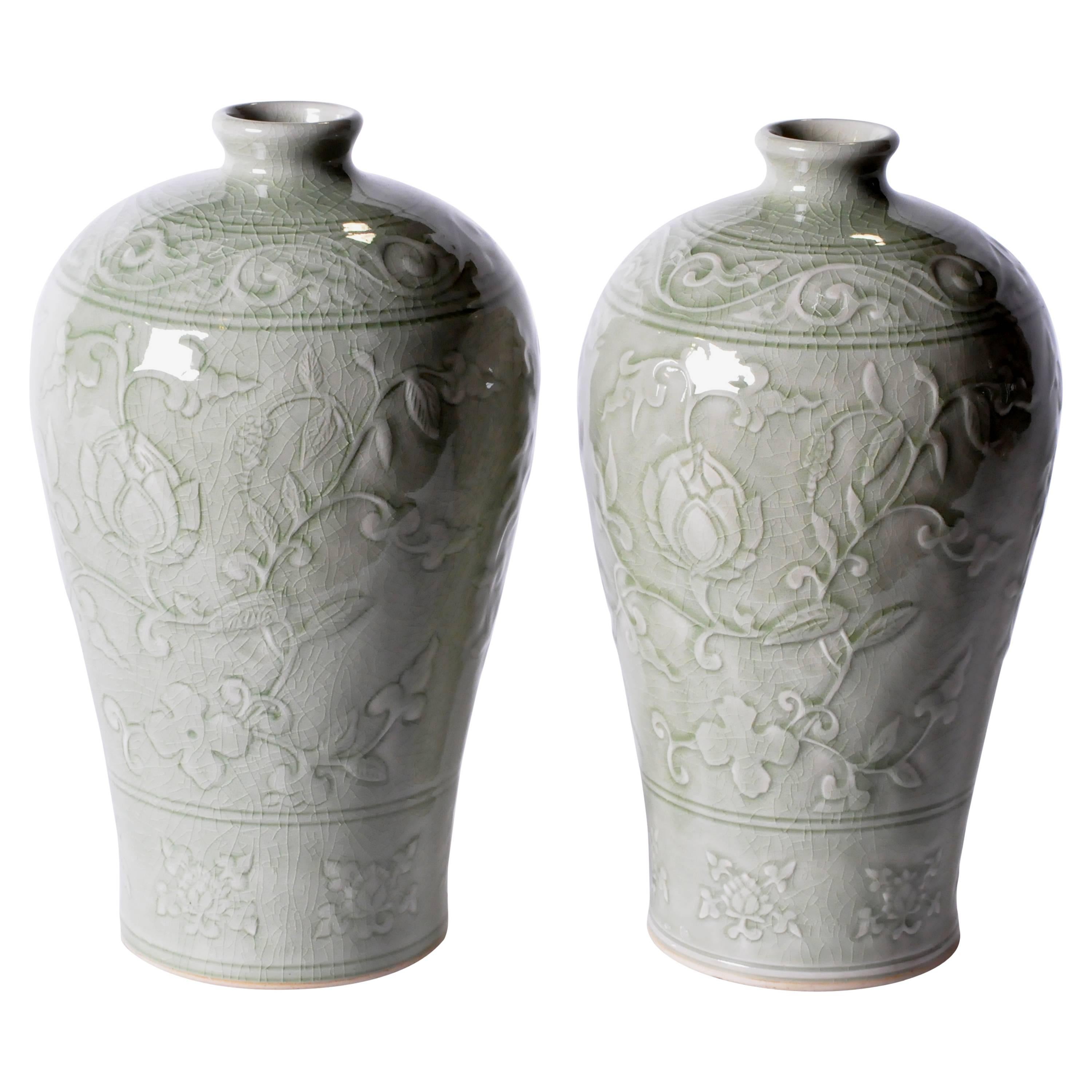 Carved Celadon Meiping Vase