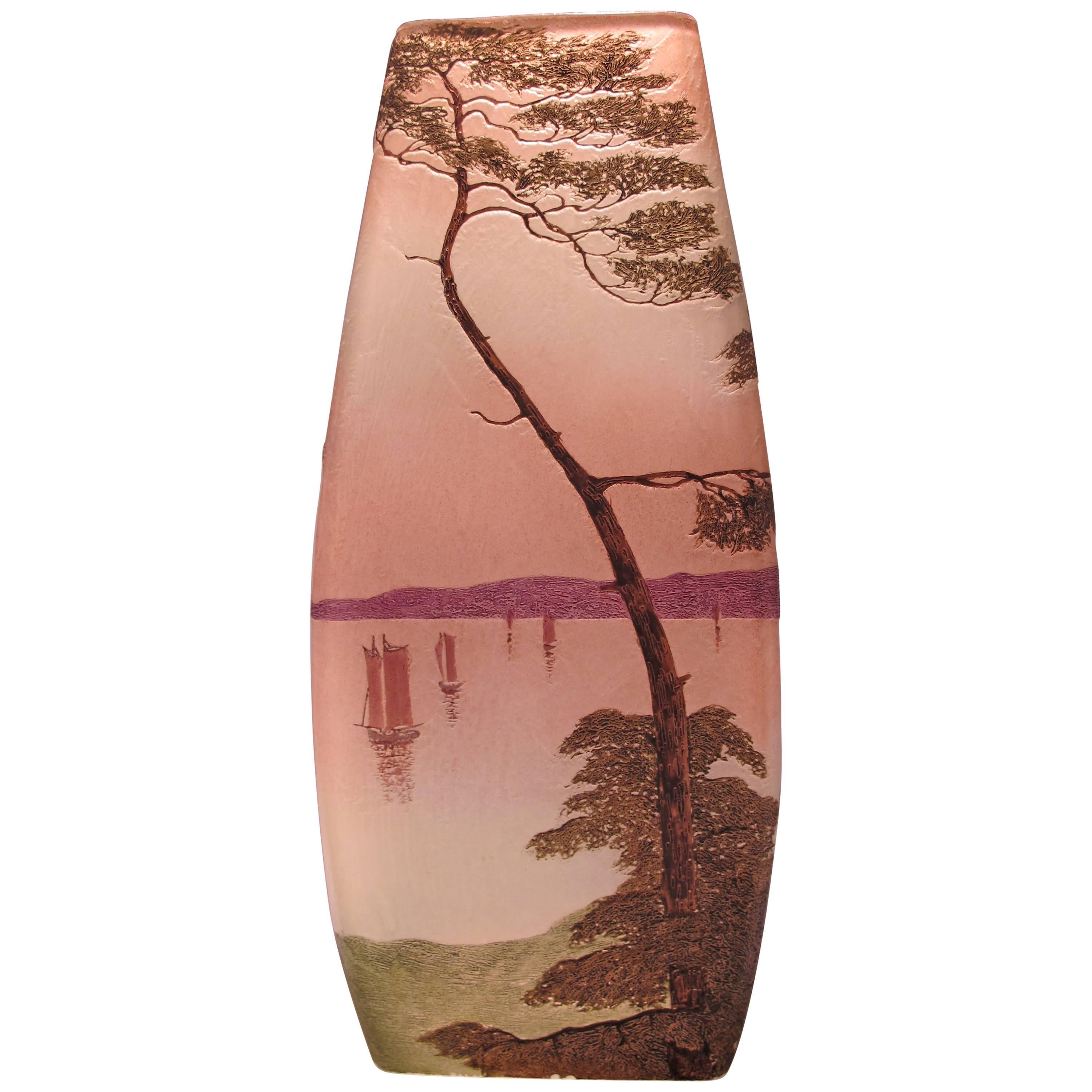 Square Art Nouveau Glass Cameo Vase by Legras