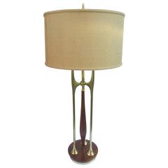 Large Brass and Walnut Laurel Lamp