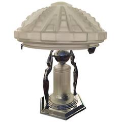 French Art Deco Table Lamp with Geometric Glass Shade