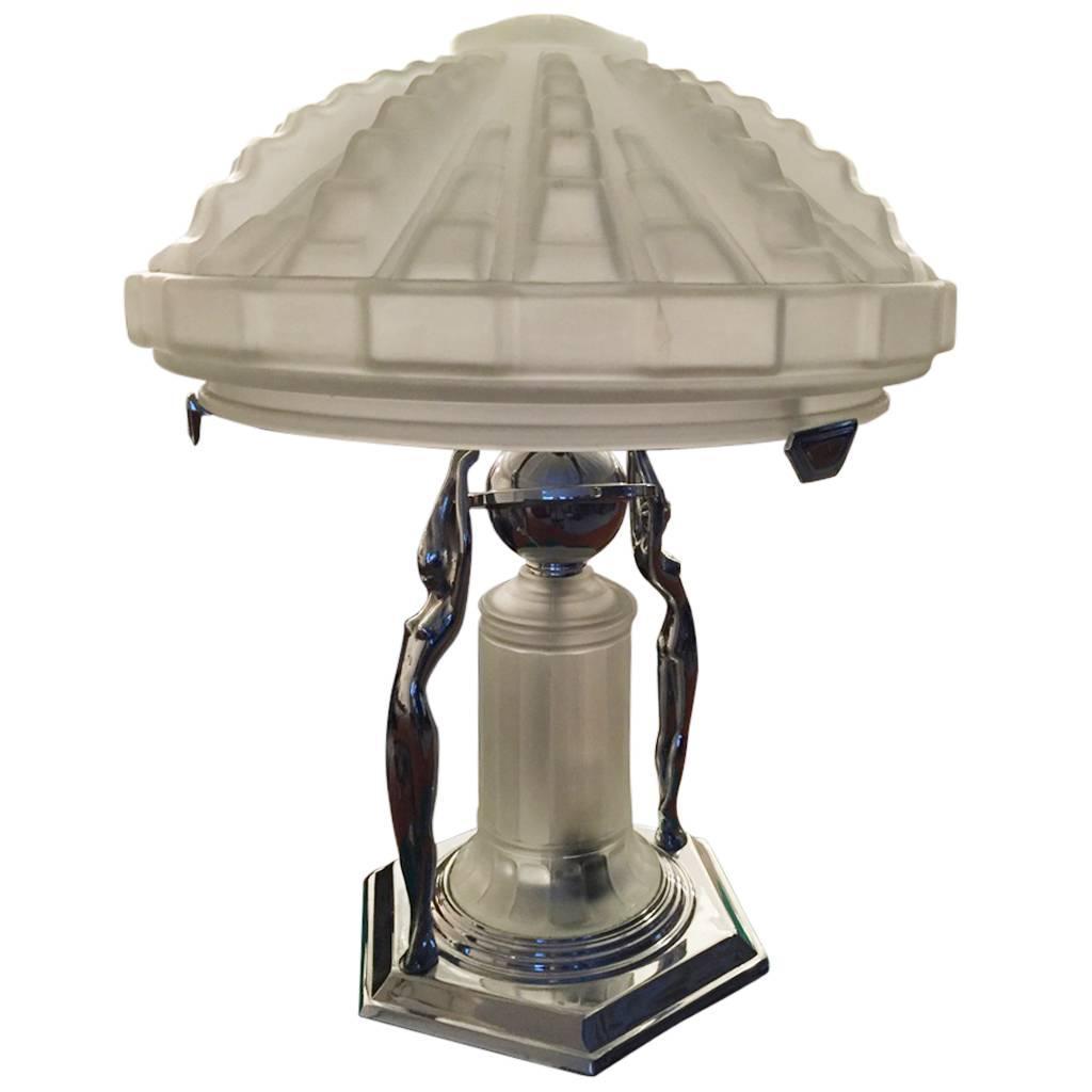 French Art Deco Table Lamp with Geometric Glass Shade For Sale at 1stdibs