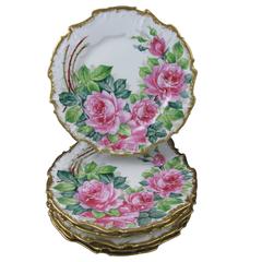 French Porcelain Gilded and Hand-Painted Rose Dinner Plates, Set of Six