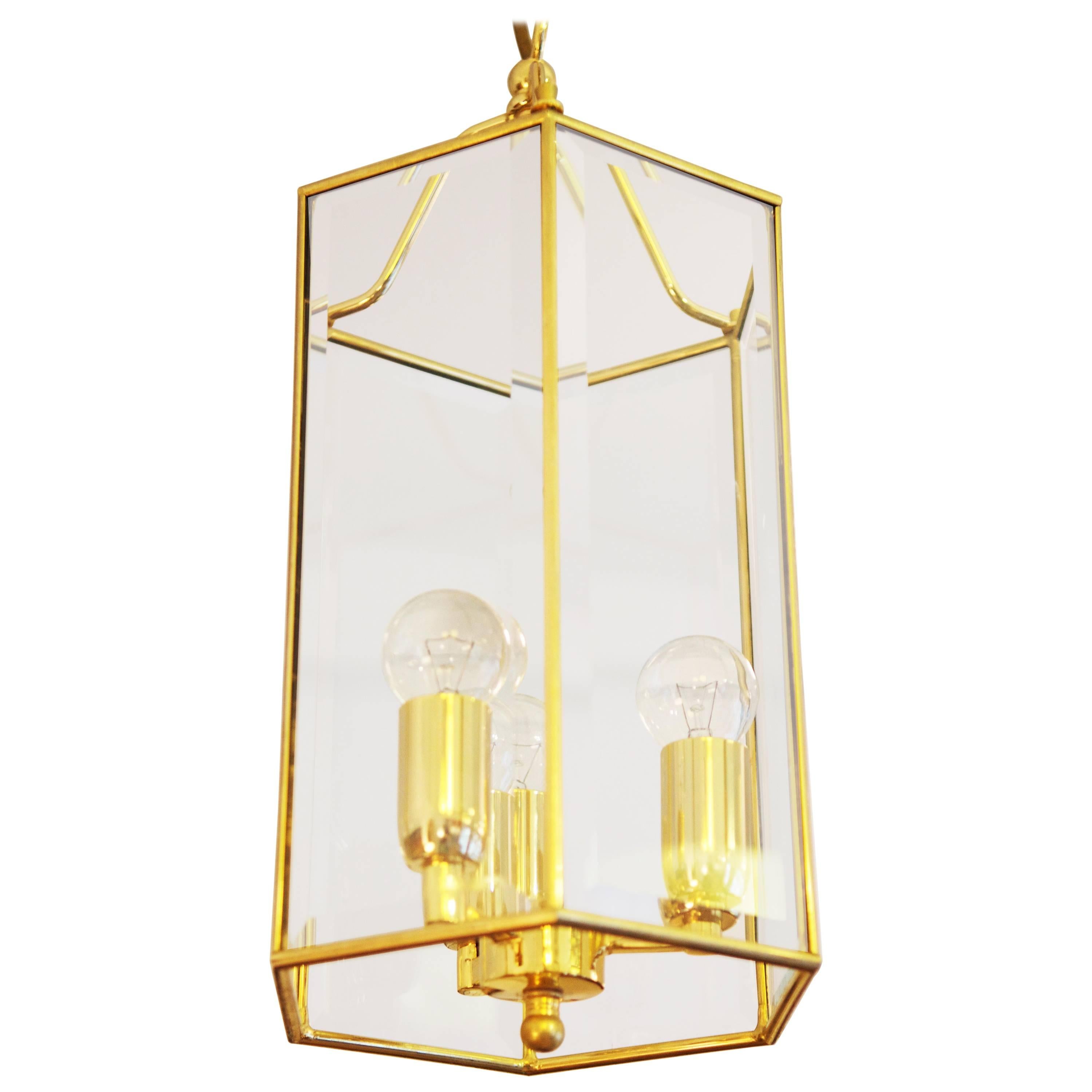 Brass Faceted Glass Pendant Lantern For Sale