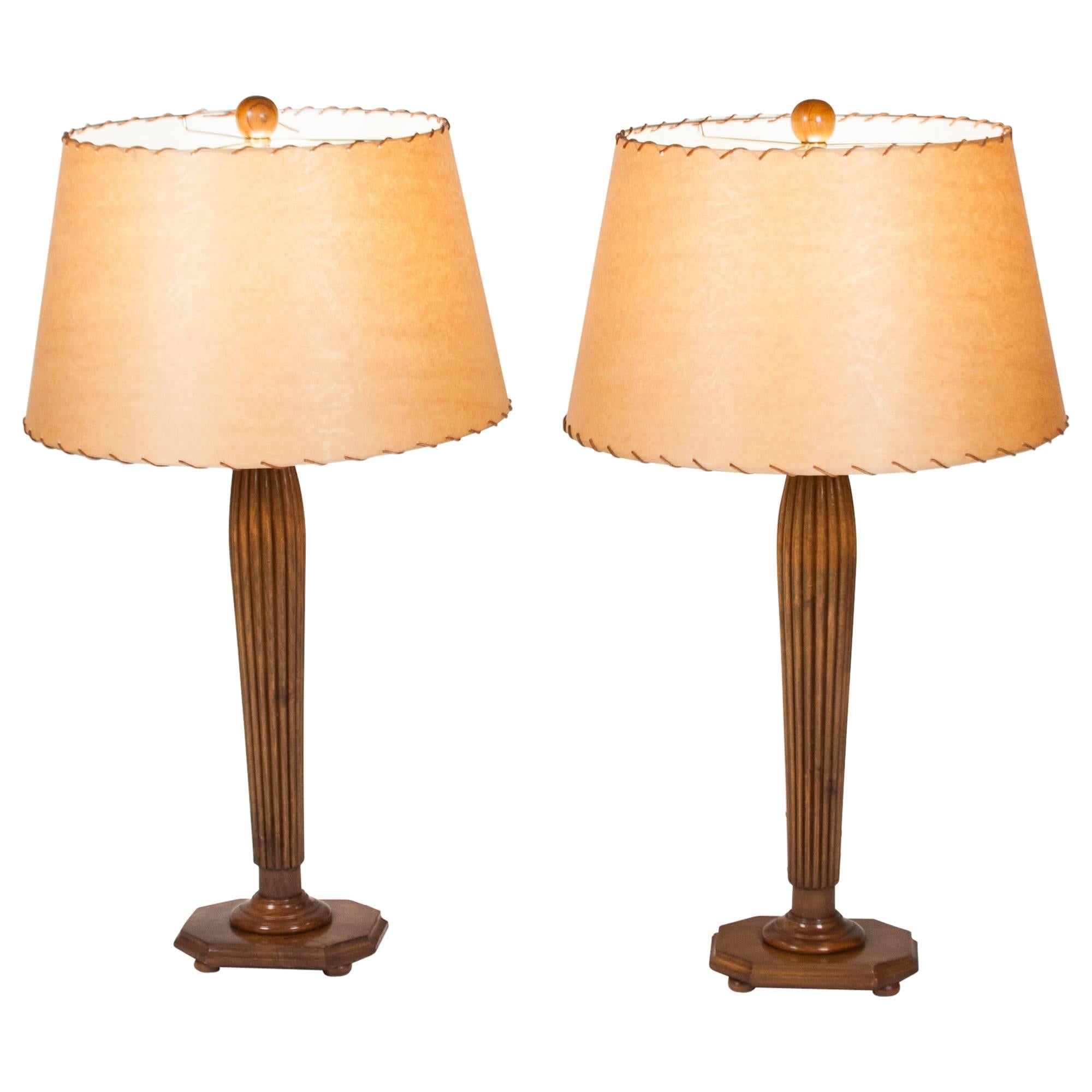 Pair of Italian Fluted Column Fruitwood Table Lamps For Sale