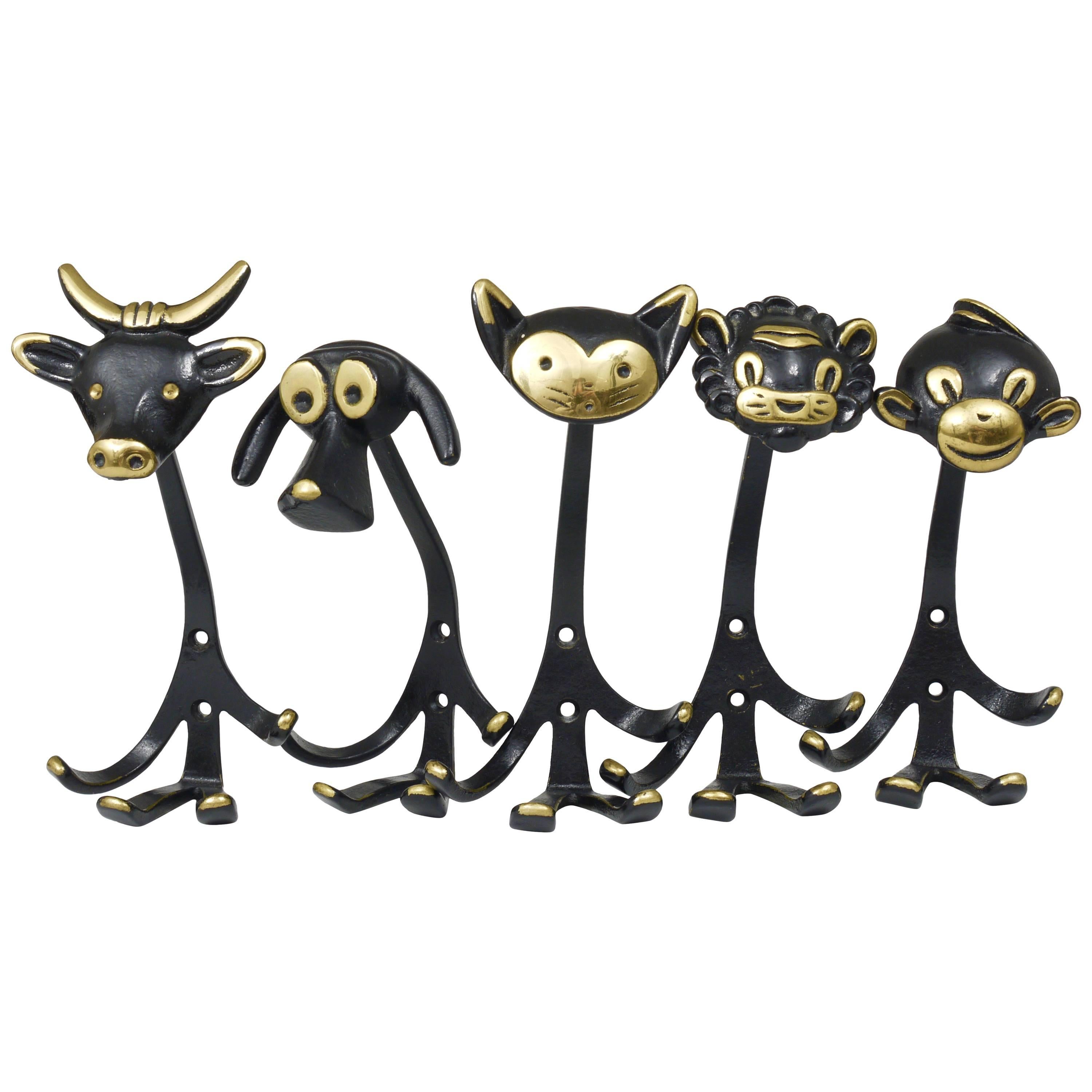 Five Walter Bosse Brass Wall Hooks of a Cow, Dog, Cat, Lion and Monkey, 1950s