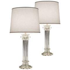 Venini, A Pair of Columnar Murano Glass Lamps, Model 9054