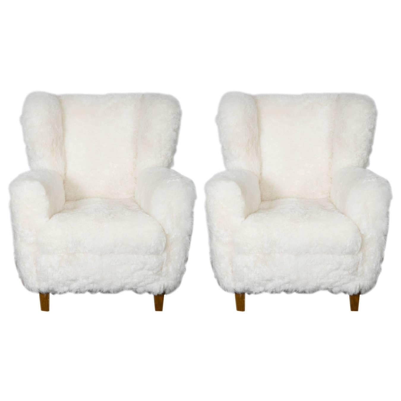 Great Pair of Lounge Chairs Upholstered in Sheepskin