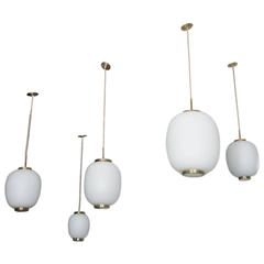 Collection of 9 Opaline Glass and Brass Ceiling Fixtures, Lyfa, Denmark, 1950s