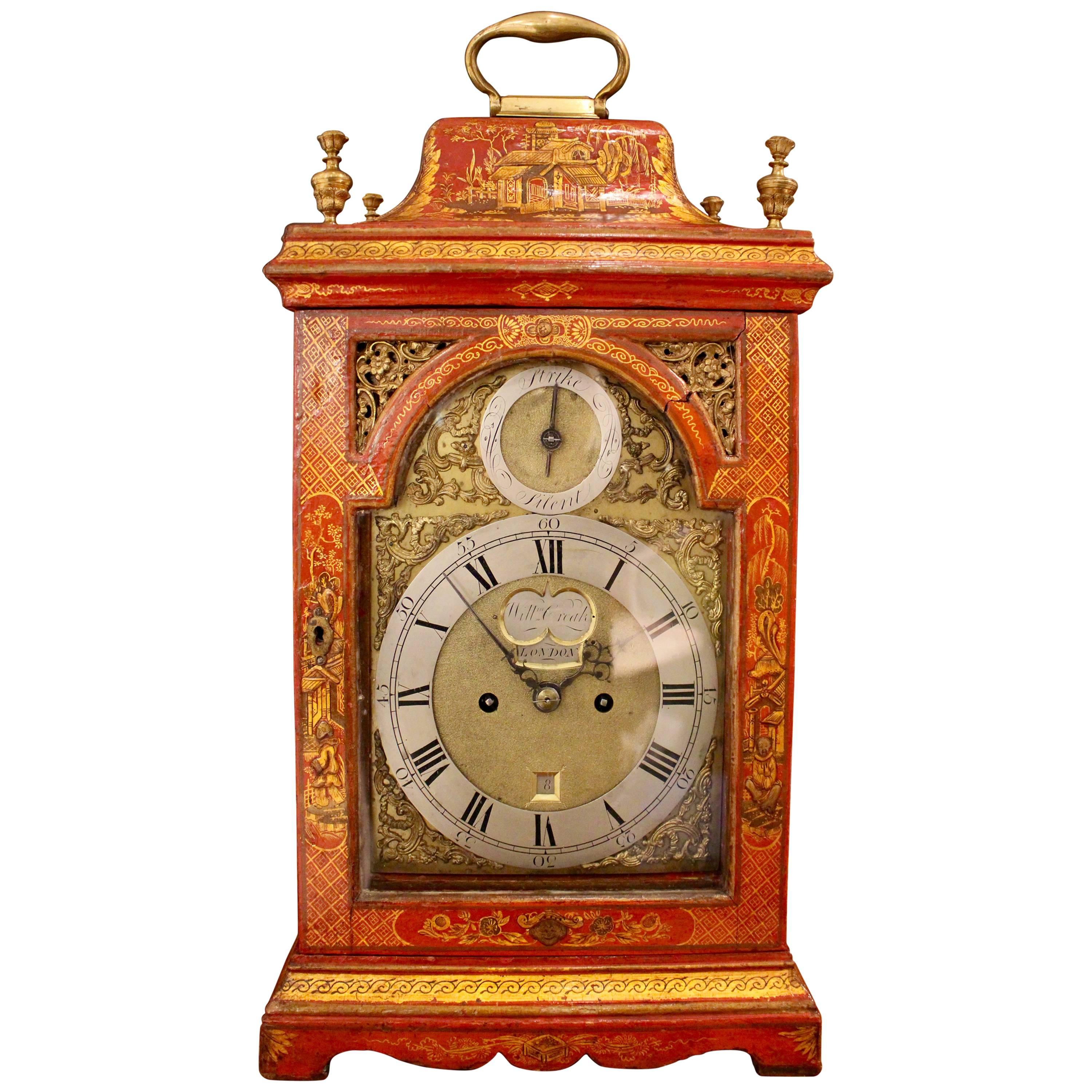 George II Parcel-Gilt Scarlet-Japanned Chinoiserie Table Clock by William Creak For Sale