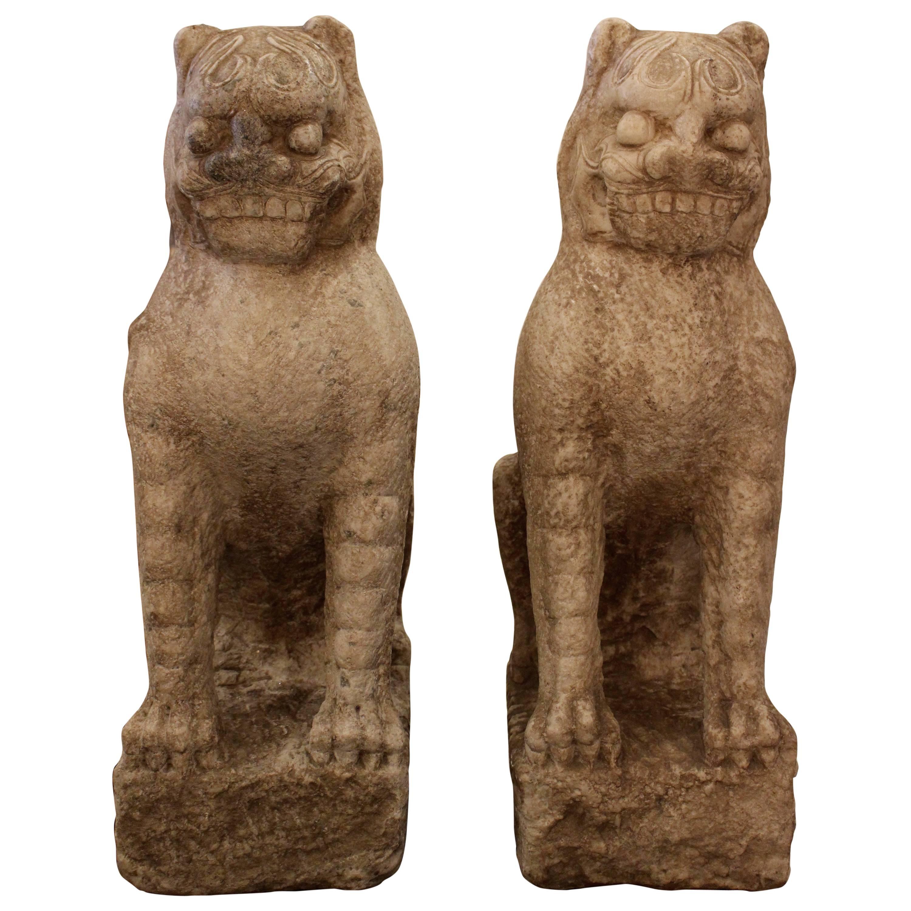 Pair of Chinese Buddhist Carved Stone Guardian Lions from the Ming Dynasty For Sale at 1stDibs