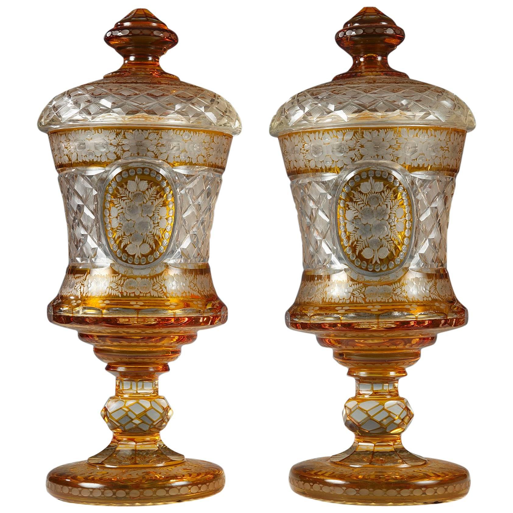 20th Century Pair of Sweetmeat Vases, Bohemian Crystal Glassware For Sale