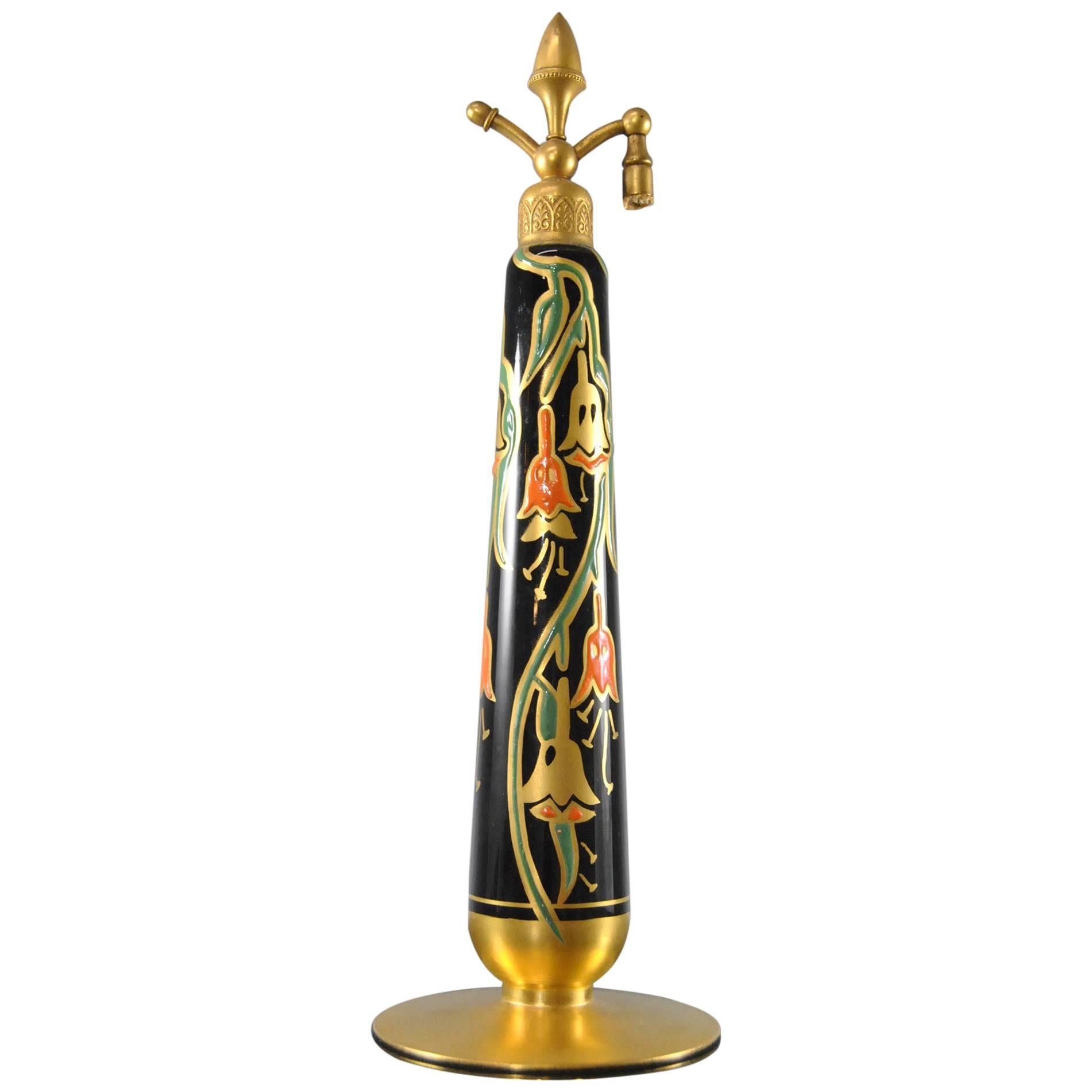 Art Deco Black Enamel Stylized Flower Atomomizer Perfume Bottle by DeVilbiss