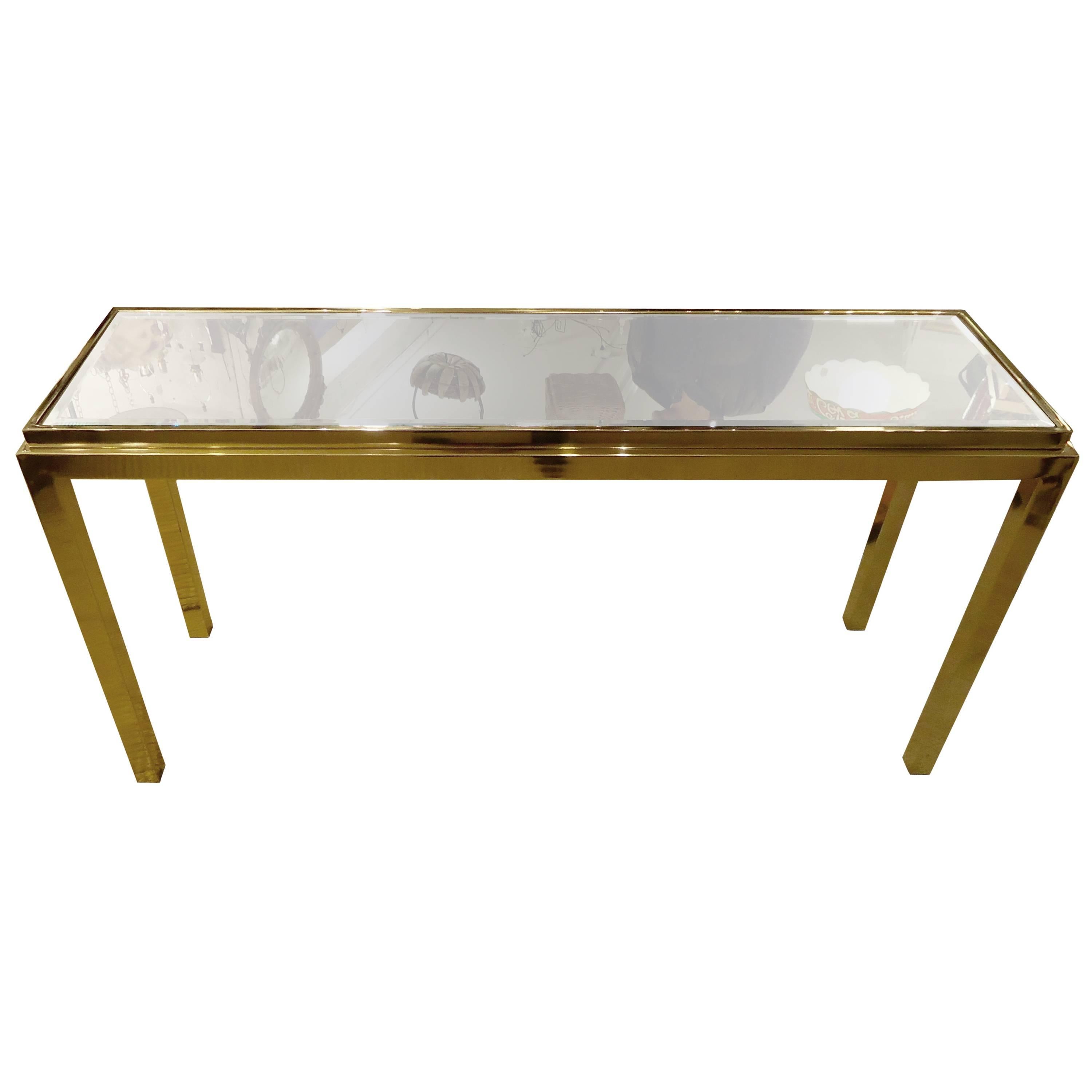 Mastercraft Style Sleek Brass and Mirrored Console Table