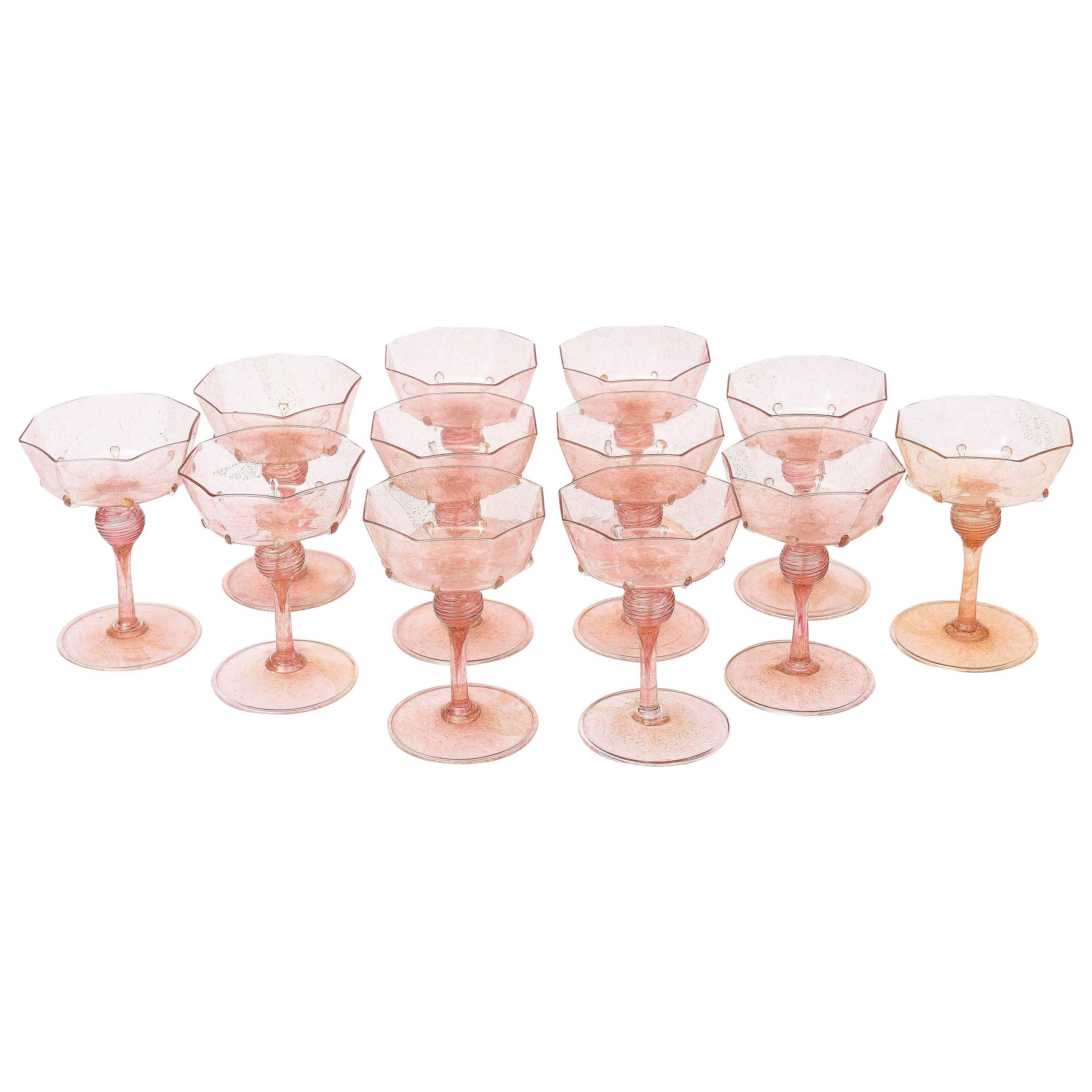 12 Venetian Champagne Goblets, Pretty Pink with 24kt Gold Inclusion