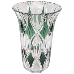 Signed Val St Lambert Tall and Very Heavy Art Glass Vase, Emerald Green Panels