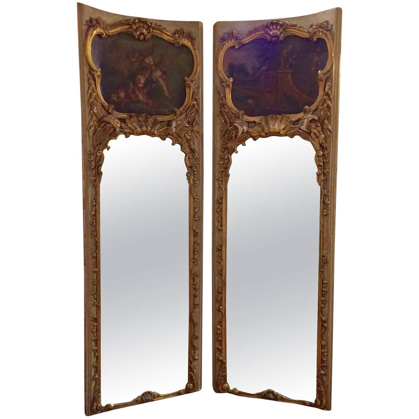 Splendid Pair of Very Tall Antique Mirrored Panels