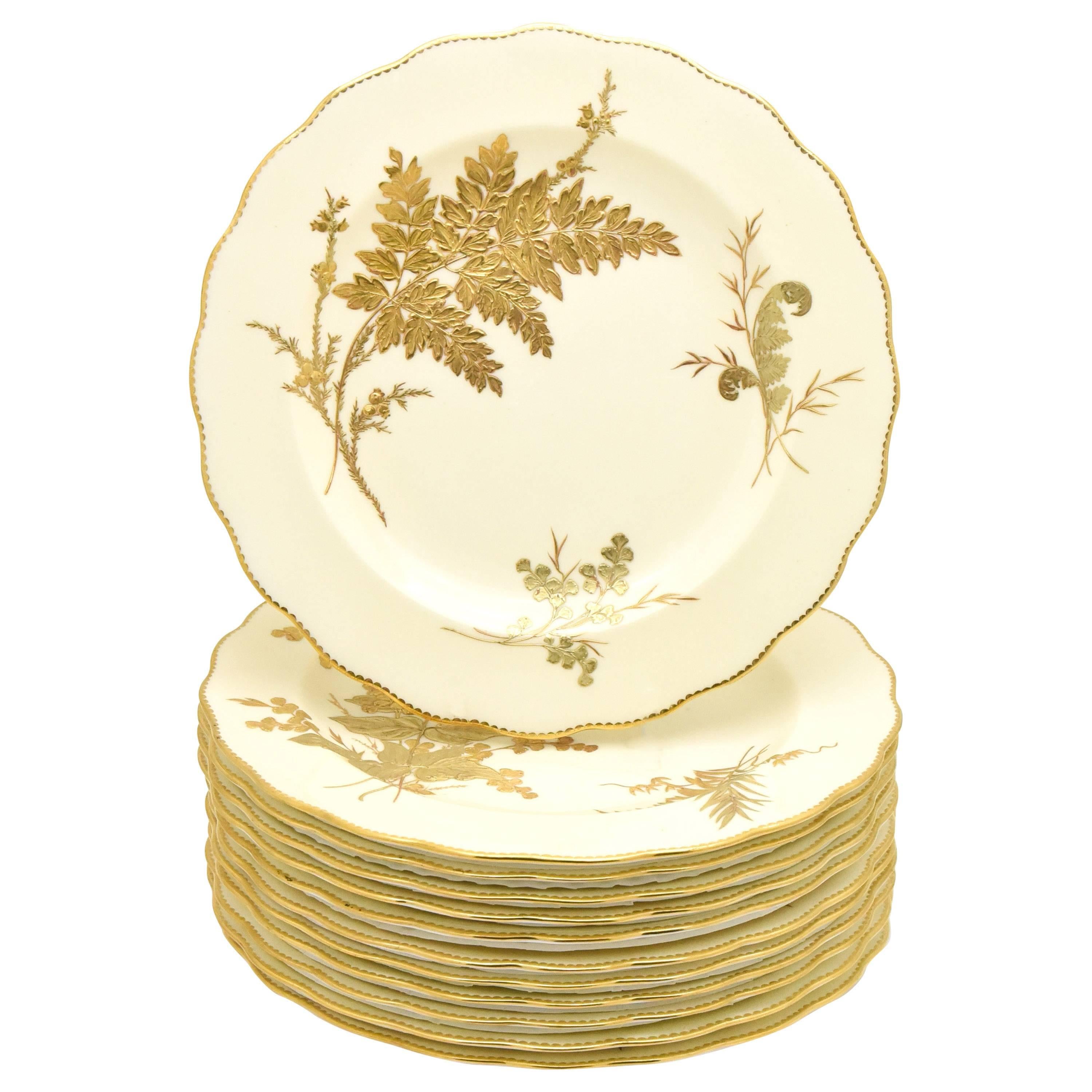 12 Tiffany 19th Century Aesthetic Movement Ivory and Raised Gold Fern Plates