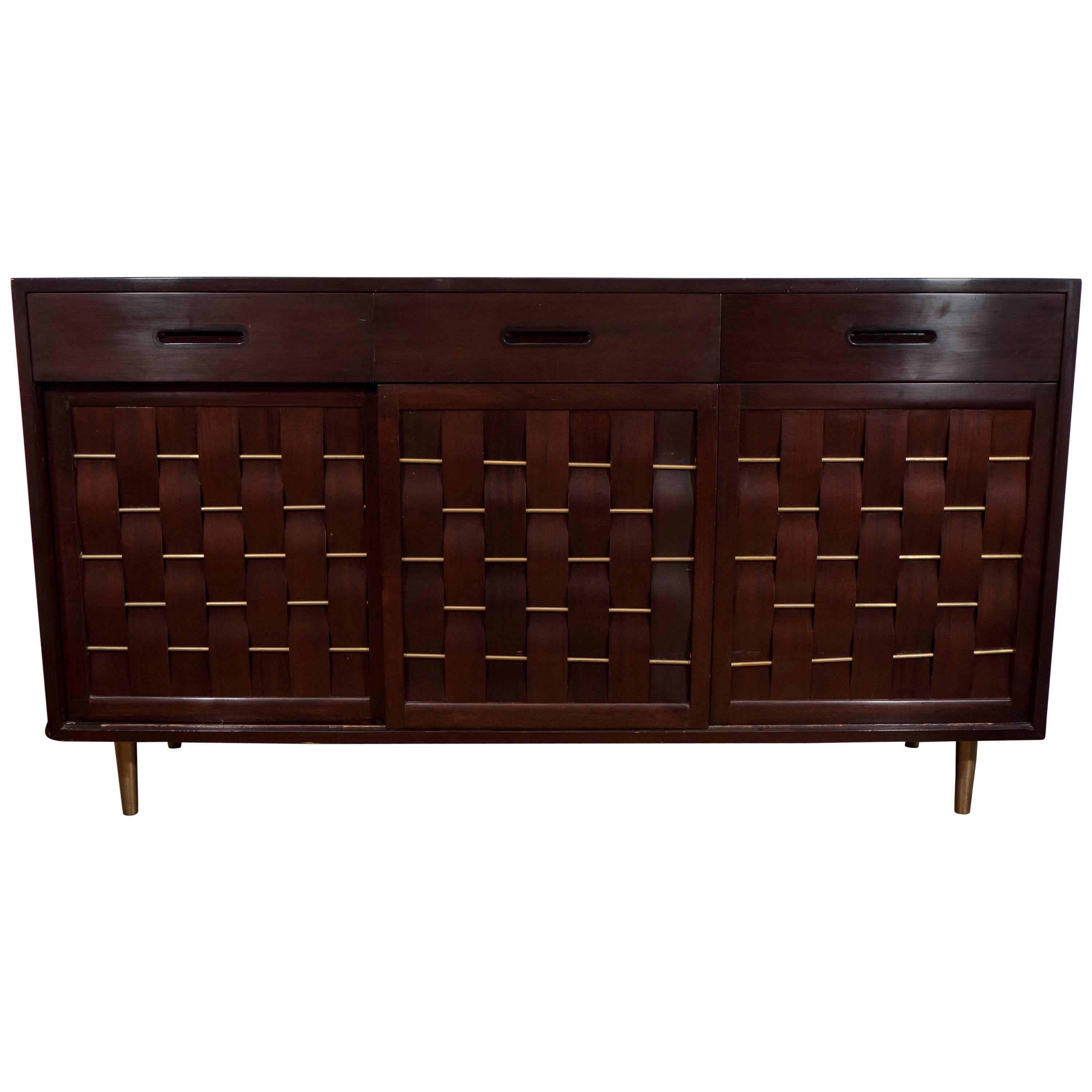 Edward Wormley Basket Weave Front Mahogany Credenza for Dunbar Furniture