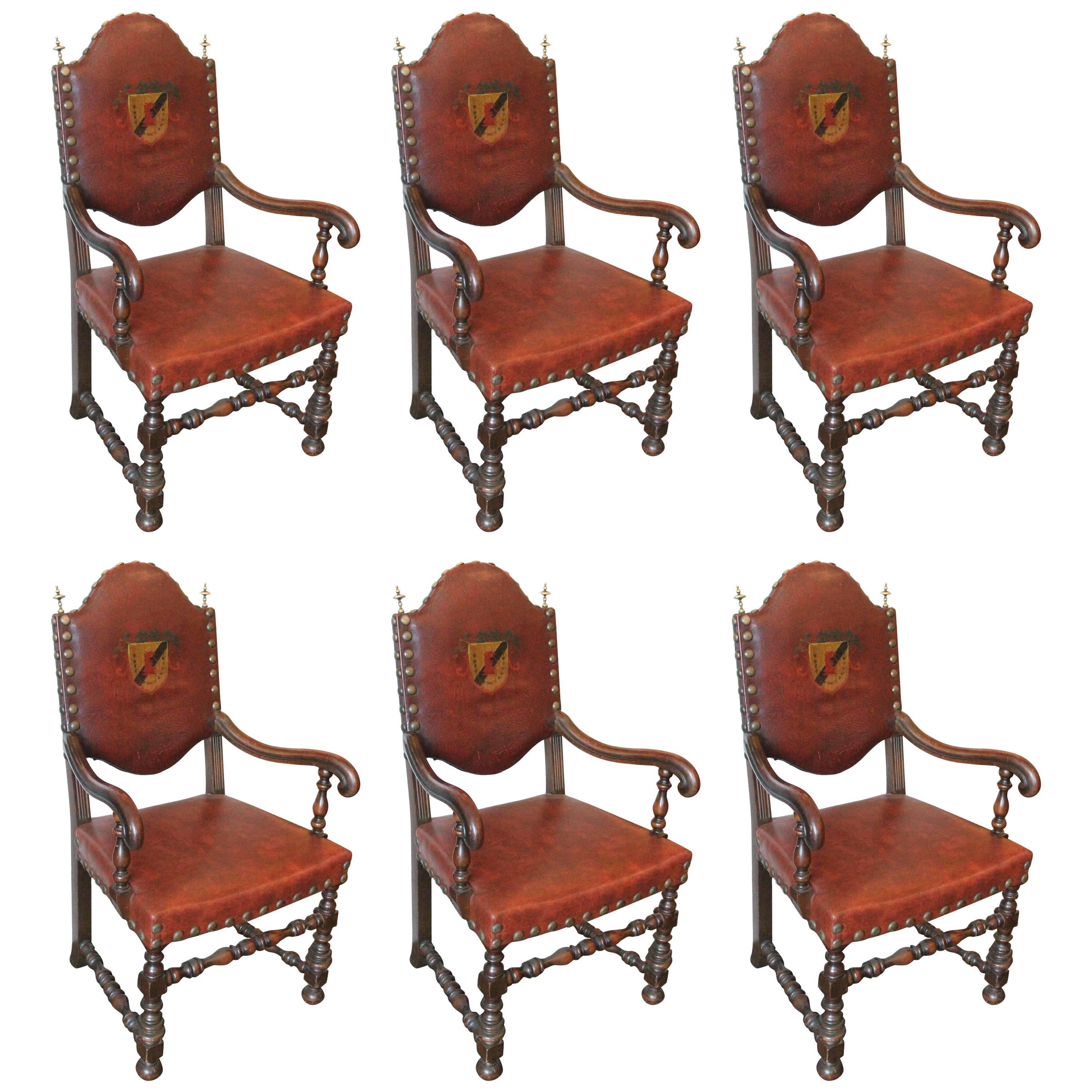 1920s Set of Six Carved French Dining Chairs with Solid Brass Finials and Rivets