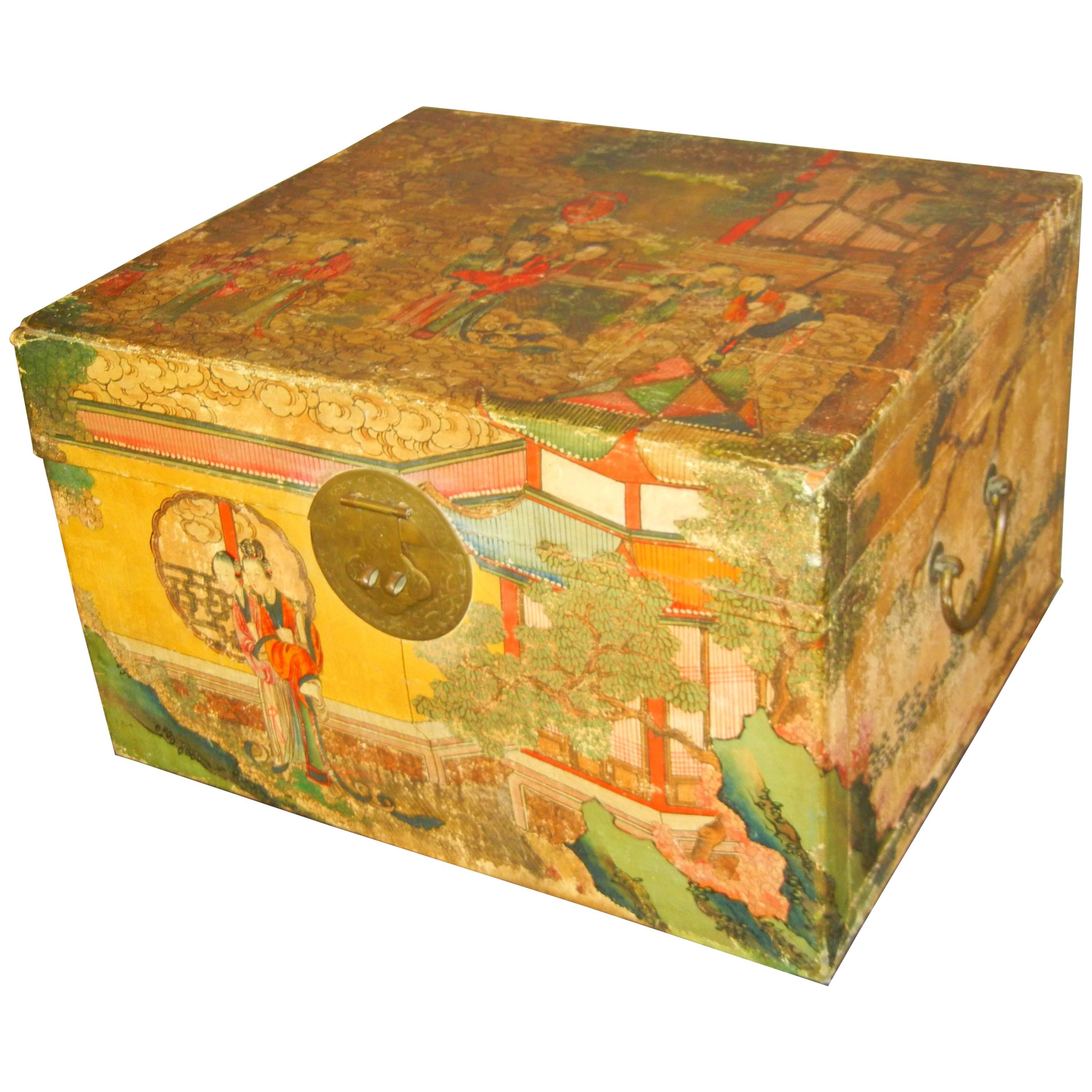 Pigskin Lady's Trunk with Painted Vignettes and Silk Lining, China, 1885