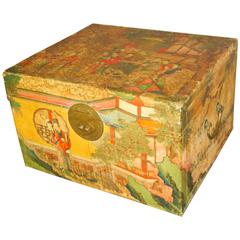 Antique Pigskin Lady's Trunk with Painted Vignettes and Silk Lining, China, 1885