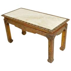 Chinese Chippendale Carved Wood Accent Table with Inset Marble Top
