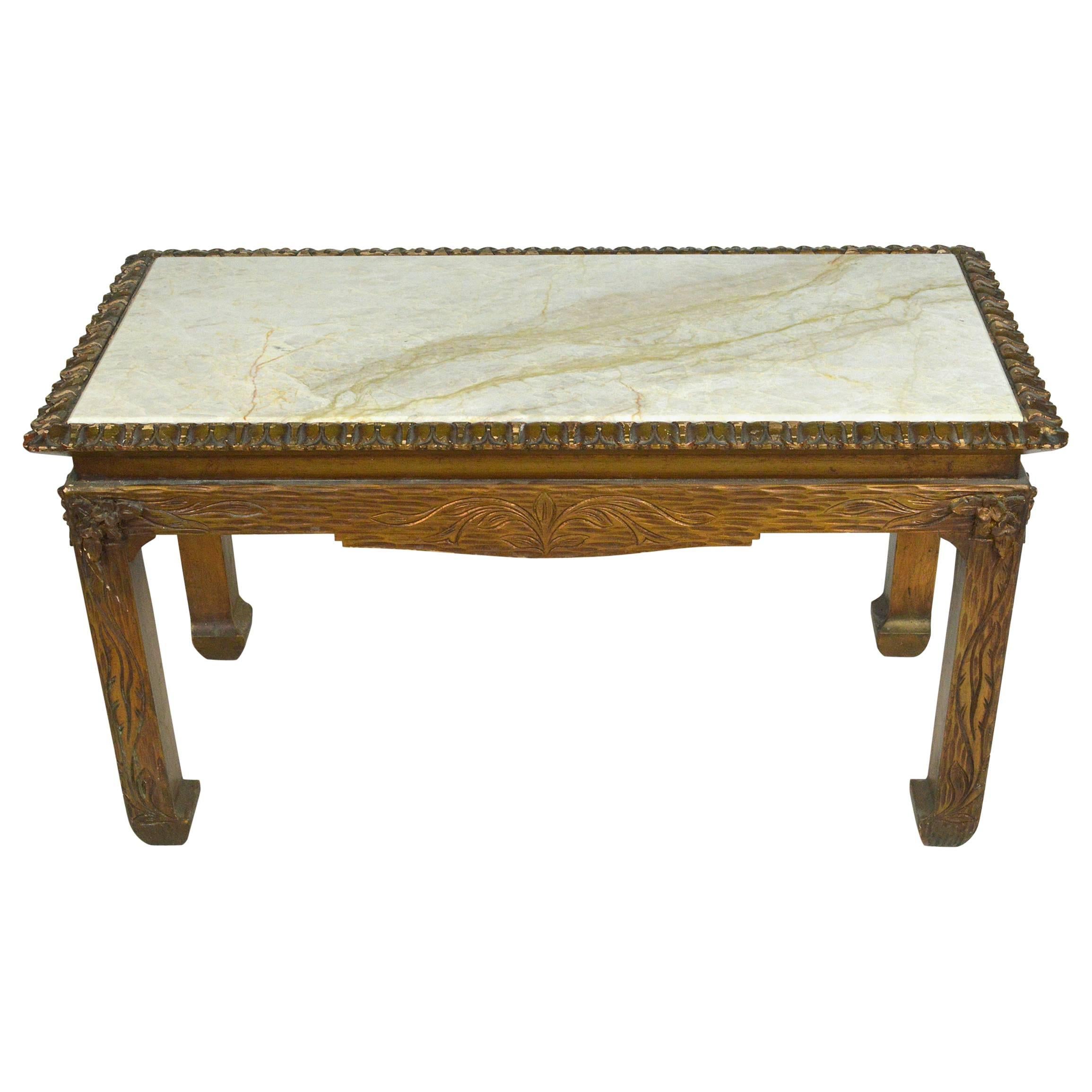 Chinese Chippendale Carved Wood Accent Table with Inset Marble Top For Sale
