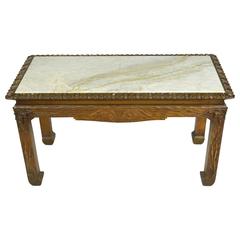 Chinese Chippendale Carved Wood Accent Table with Inset Marble Top